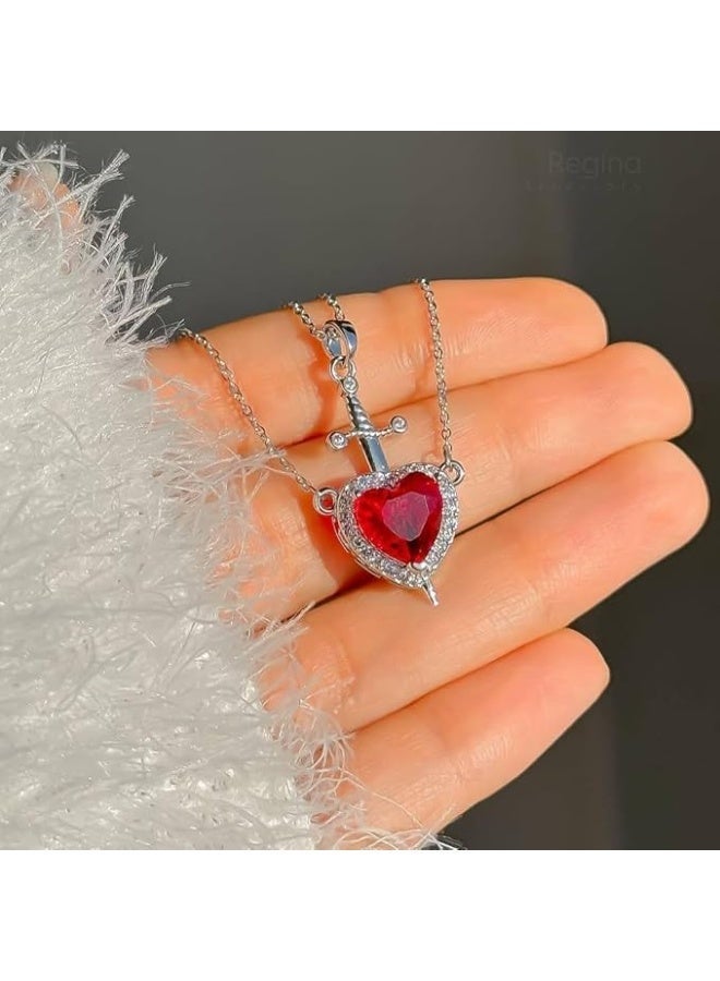 Valentine’s Day Heart & Sword Couple Necklace – Stainless Steel Chain – Red Crystal Heart Pendant – Anti‑Fade - Image 4